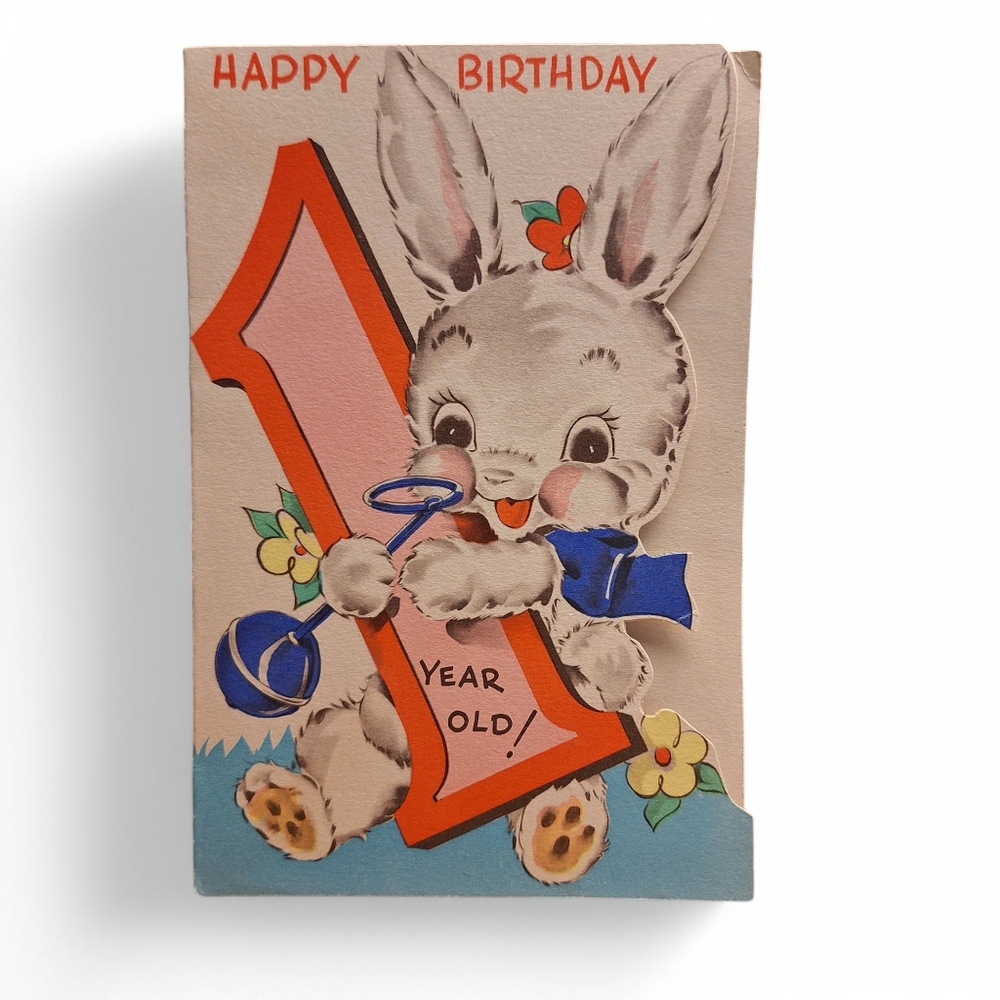 1 Year Old Happy Birthday Greeting Card Vintage 1941 Bunny Rabbit Boy Used
